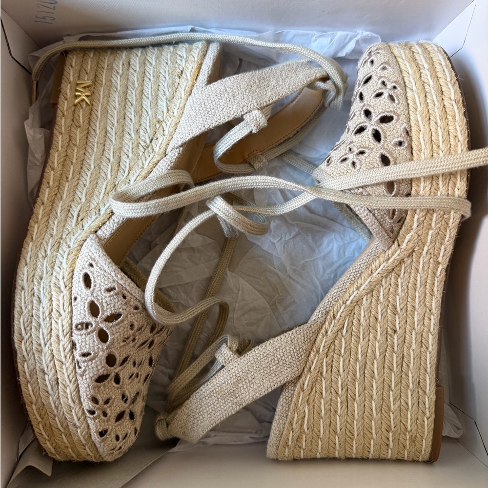 Michael Kors Natural Beige Woven Cotton Espadrille Wedge Sandals